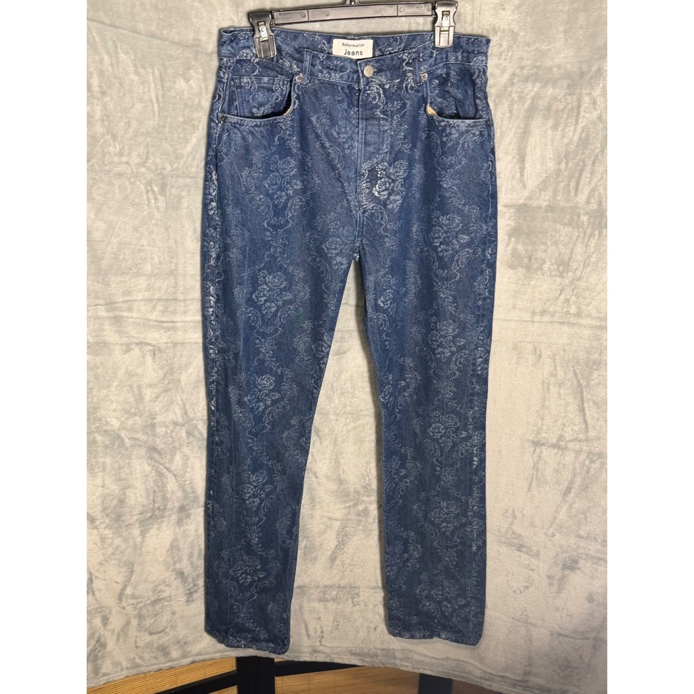 Reformation Cynthia Jeans Women's Blue Floral Print Straight Leg Denim Size 31‎